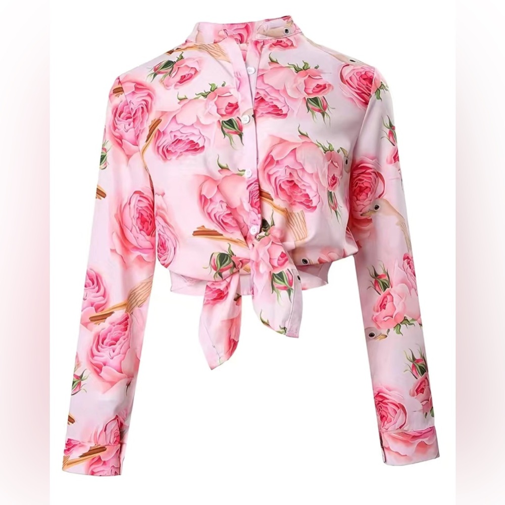 Floral Random Printing Blouse, Casual Button Front Long Sleeve Blouse.
